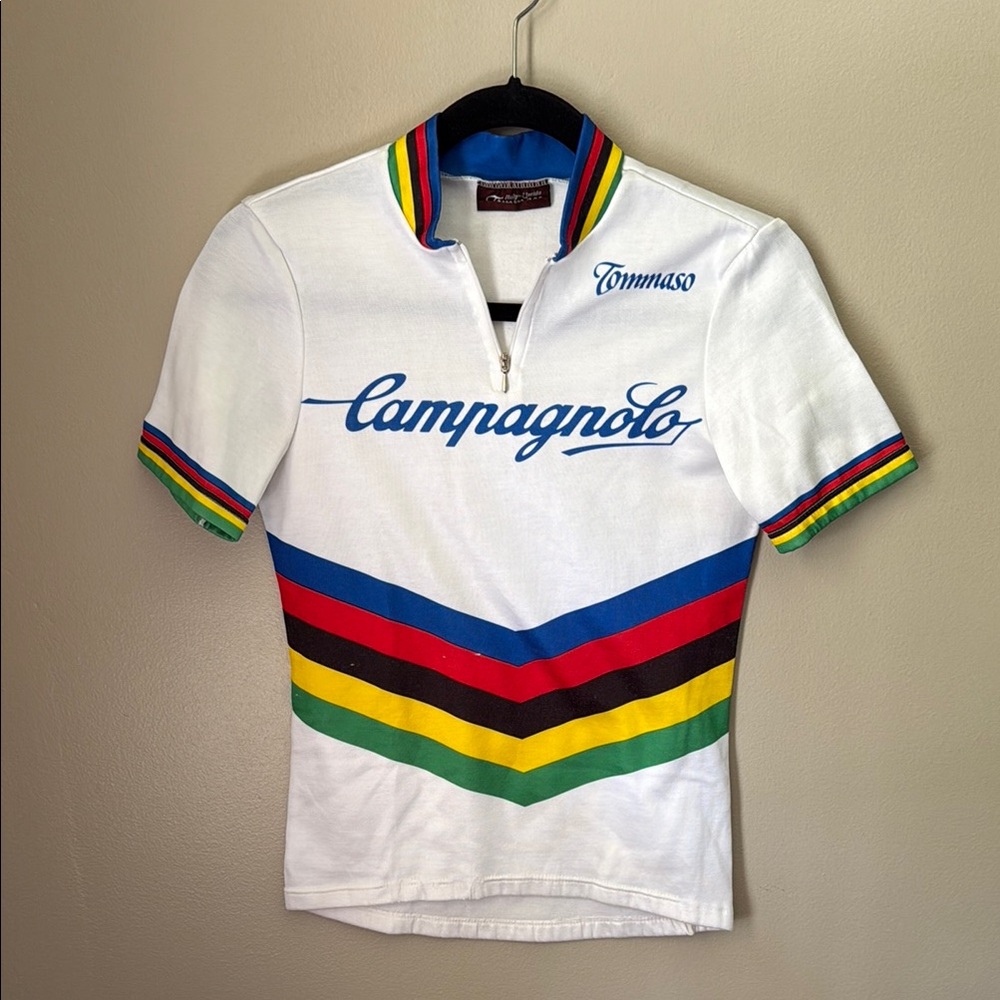 White Cycling Jersey with Rainbow Stripes